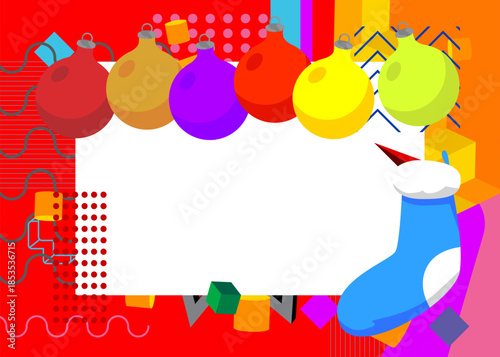 Christmas stocking and decoration ball geometrical graphic retro theme background. Minimal geometric elements. Vintage abstract shapes vector illustration.