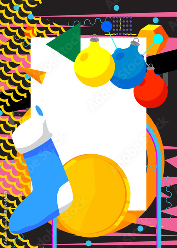 Christmas stocking and decoration ball geometrical graphic retro theme background. Minimal geometric elements. Vintage abstract shapes vector illustration.