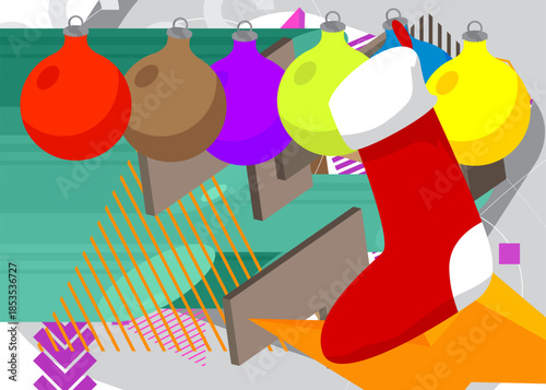 Christmas stocking and decoration ball geometrical graphic retro theme background. Minimal geometric elements. Vintage abstract shapes vector illustration.