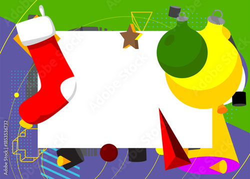 Christmas stocking and decoration ball geometrical graphic retro theme background. Minimal geometric elements. Vintage abstract shapes vector illustration.