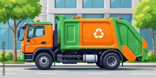 Recycling truck parked near a modern building surrounded by trees.