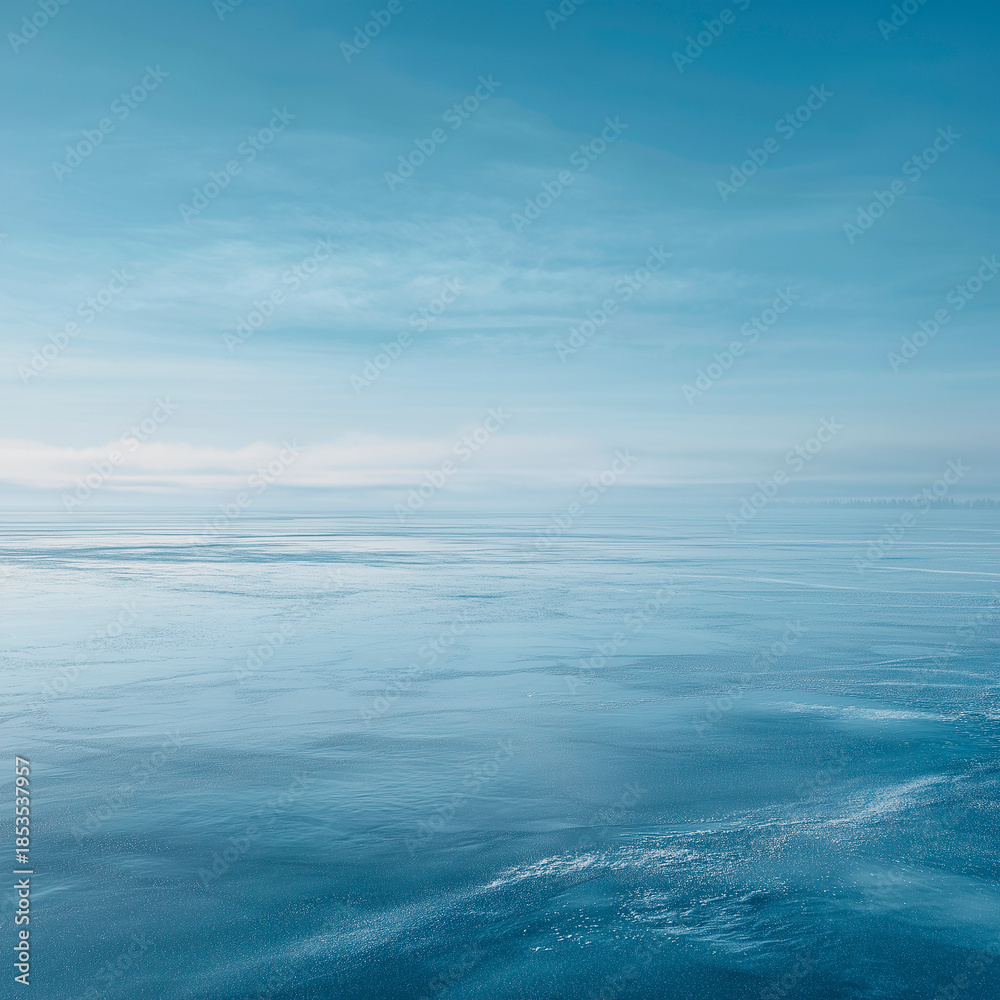 Fototapeta premium A serene icy blue landscape with a smooth glass-like surface reflecting the sky. The scene evokes a winter aesthetic with cool tones and an arctic vibe.