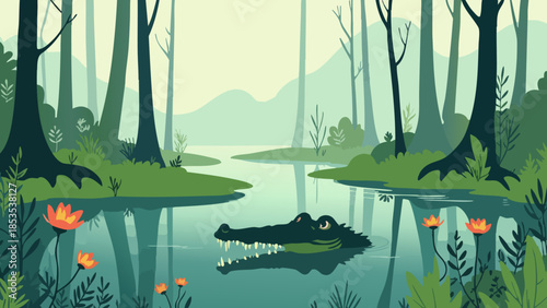 Vector Illustration of a Misty Swamp Landscape with an Alligator