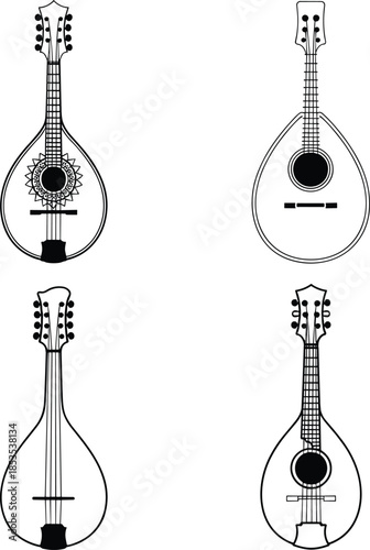 Four Different Stringed Musical Instruments in Black and White Line