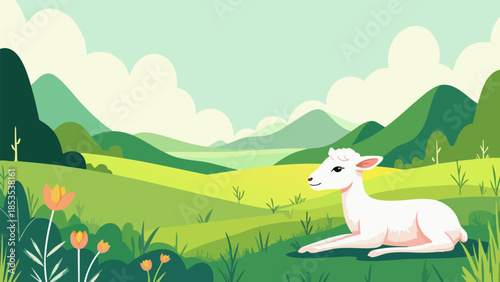 Pastoral Spring Landscape with Resting Newborn Lamb, Vector Illustration