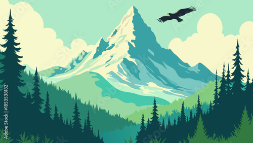Majestic Mountain Landscape with Soaring Eagle in Vector Illustration Style