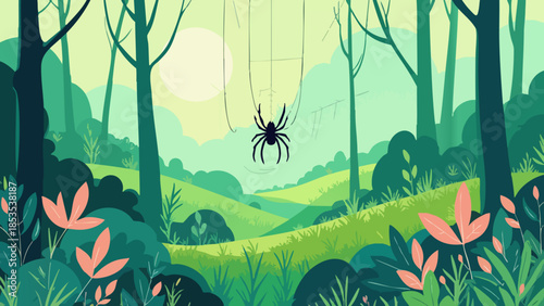 Dew-Kissed Spiderweb with Spider in Translucent Green Vector Illustration
