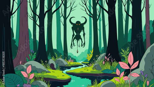 Gloomy Forest Ruin with Mysterious Creature, Vector Illustration