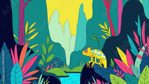 Vibrant Neon Tropical Forest Landscape with Chameleon Vector Illustration