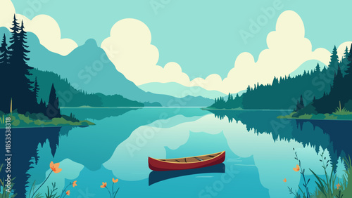 Minimalist Vector Illustration of Serene Lake at Dawn with Lone Canoe
