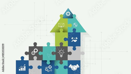 Business growth strategy concept with puzzle pieces forming an upward arrow