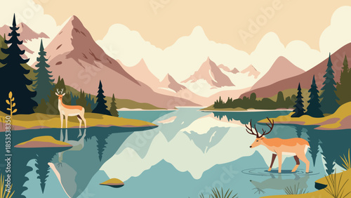 Vector illustration of a deer drinking at a glacial lake with distant peaks, Scandinavian design style