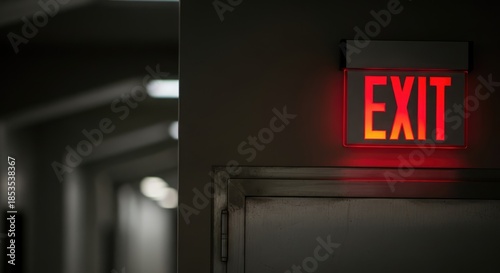 A red and black emergency exit sign illuminated in a dark hallway.