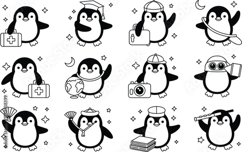 Twelve cartoon penguins with different professions and accessories