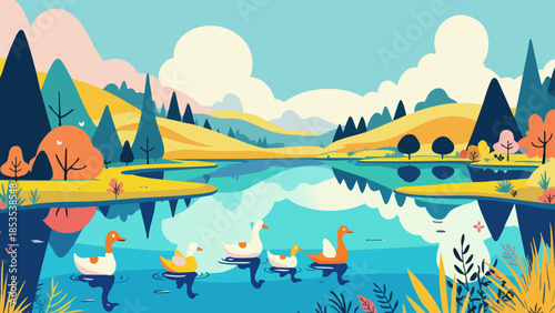 Whimsical Vector Illustration of a Sunny Summer Lake with Duck Family Reflection