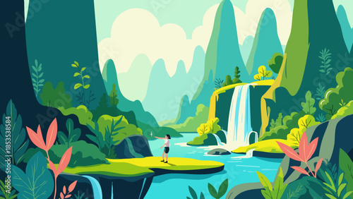 Lush Jungle Landscape with Cascading Waterfall in Vector Illustration Style