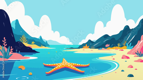 Vector Illustration of a Tide Pool with Colorful Starfish, Macro View