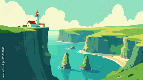 Emerald Green Coastal Cliffs Landscape with Distant Lighthouse, Vector Illustration
