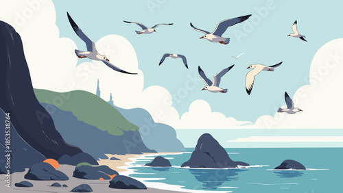 Vector Illustration of Rocky Shore Landscape with Seagulls in Greyish Blue Tones