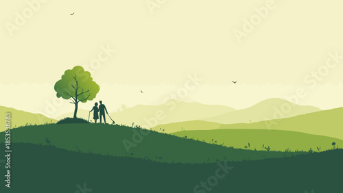 Minimalist Travel Poster: Couple Planting a Tree for Green Love