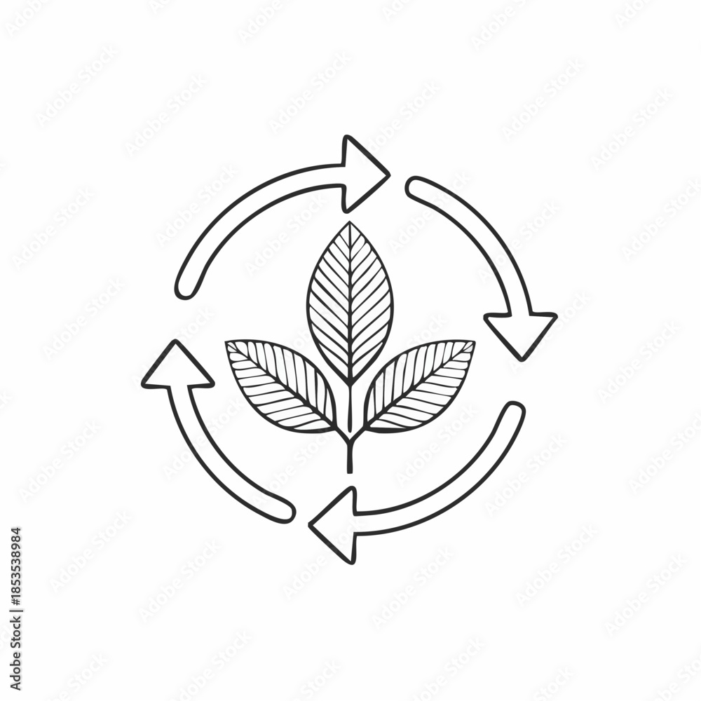 Obraz premium Line art drawing of a plant with three leaves surrounded by a circular recycling arrow symbol, representing sustainability and eco-friendliness.