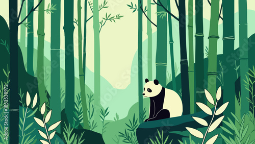 Serene Jade Green Bamboo Forest with Sitting Panda, Vector Illustration