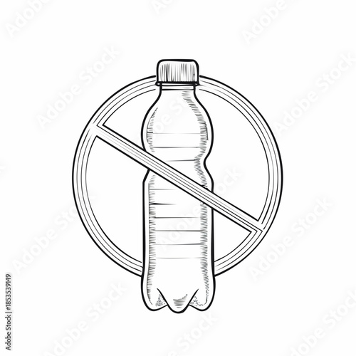 Black and white sketch of a plastic water bottle with a prohibition sign over it, symbolizing a ban or reduction of plastic use.