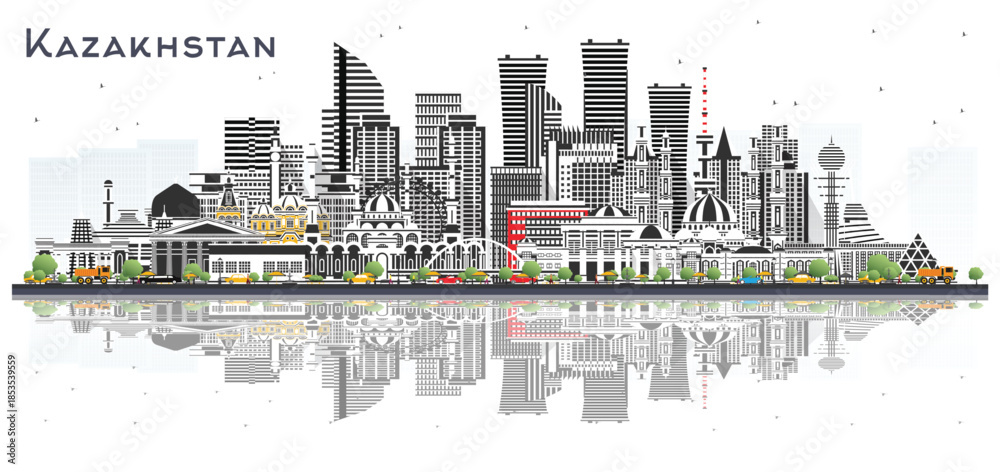 Obraz premium Kazakhstan City Skyline with color Buildings Isolated on White. Illustration. Concept with Modern Architecture. Kazakhstan Cityscape with Landmarks. Nur-Sultan and Almaty.