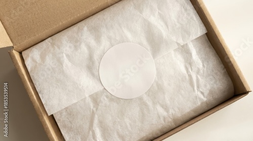Cardboard shipping box mockup with open lid, wrapped in white tissue paper and a blank circular sticker ready for logo or text placement. E-commerce packaging concept.