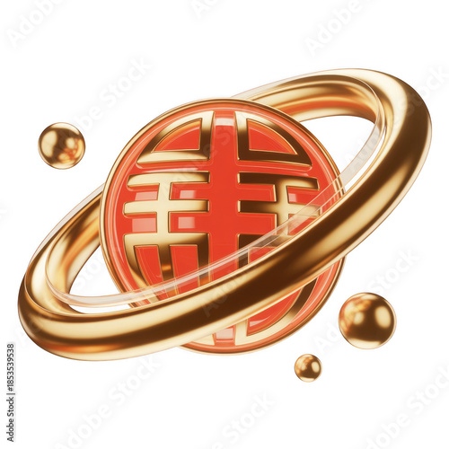Golden Chinese Luck Symbol Coin with Red Enamel and Orbit Rings, 3D Illustration of Wealth, Fortune, and Prosperity Icon Isolated on Transparent Background