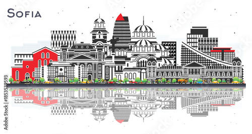 Sofia Bulgaria City Skyline with Color Buildings and reflections Isolated on white. Illustration. Sofia Cityscape with Landmarks. Business Travel and Tourism Concept with Historic Architecture.