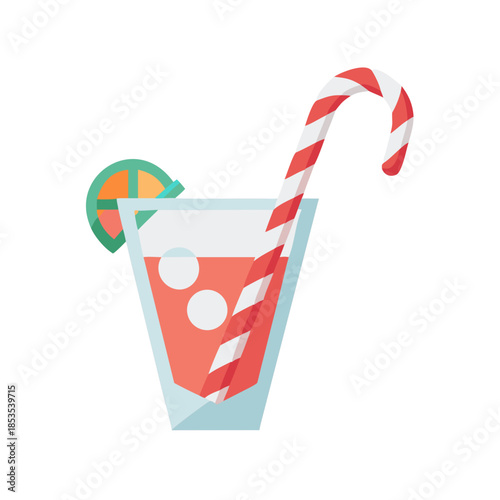 Red holiday drink with candy cane colorful flat vector icon for Christmas beverage