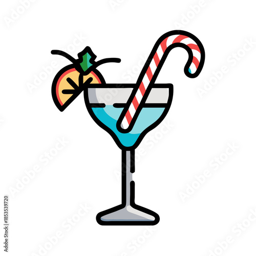 Christmas cocktail with candy cane and holly colorful outline vector icon for holiday drinks