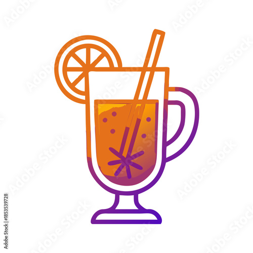 Orange citrus drink with straw colorful outline vector icon for summer cocktail and juice