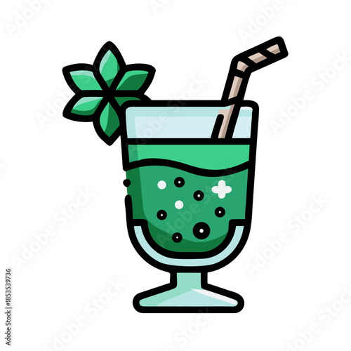 Green mint cocktail with straw colorful outline vector icon for refreshing summer drink