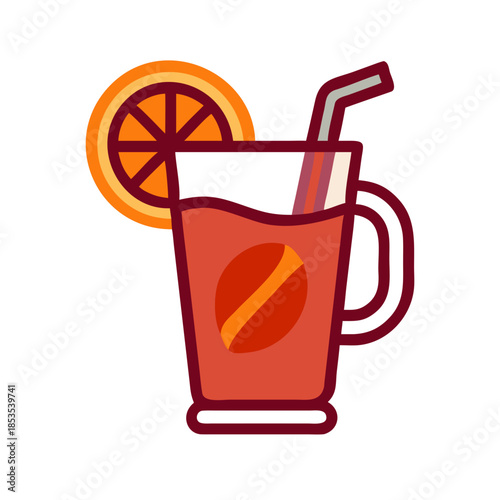 Orange citrus cocktail with straw colorful flat vector icon for summer beverage and refreshment