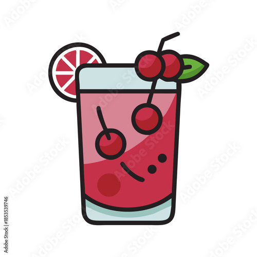 Red cherry cocktail with citrus slice colorful outline vector icon for summer drinks