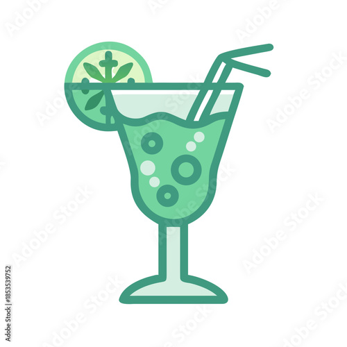Tropical green cocktail with lime straw and bubbles in simple vector style