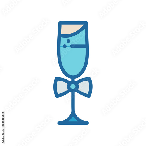 Champagne glass with bow tie in simple blue outline vector style