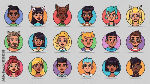 Collection of Diverse Cartoon Avatars with Various Hairstyles and Features.