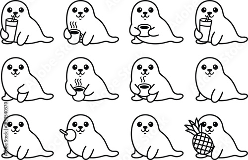 Cute cartoon seals enjoying drinks and snacks in various poses