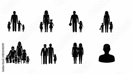 Collection of diverse family and individual silhouette icons representing different relationships and structures.