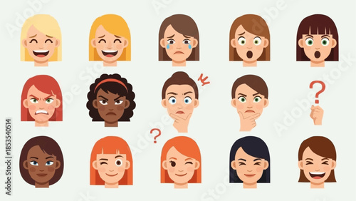 Collection of Diverse Female Faces Expressing Various Emotions.