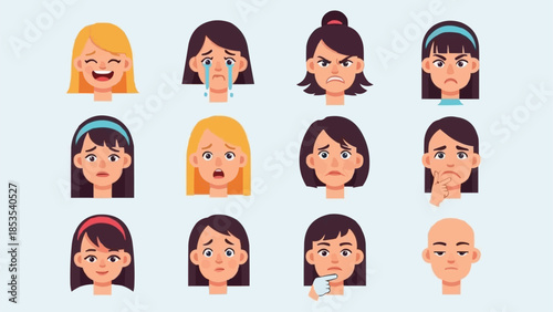 Collection of Diverse Female Faces Expressing Various Emotions.