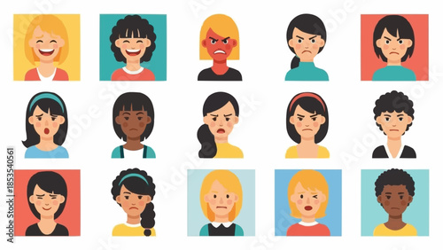 Collection of Diverse Female Faces Showing Various Emotions.