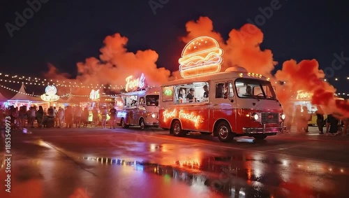 A vibrant night scene with a food truck and colorful smoke.