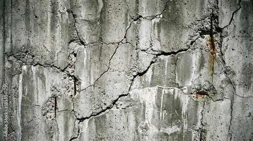 Old cracked gray concrete wall texture background with exposed rusty reinforcement bars