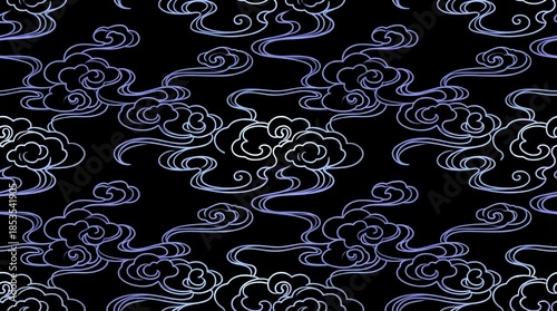黒地浮世絵風和風伝統紋イメージ雲模様水波模様テクスチャ	背景素材
