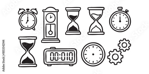 Hand drawn Hourglass and Clock Time Icons