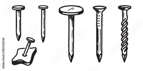 Hand drawn Nails and Screws Line Art Set
